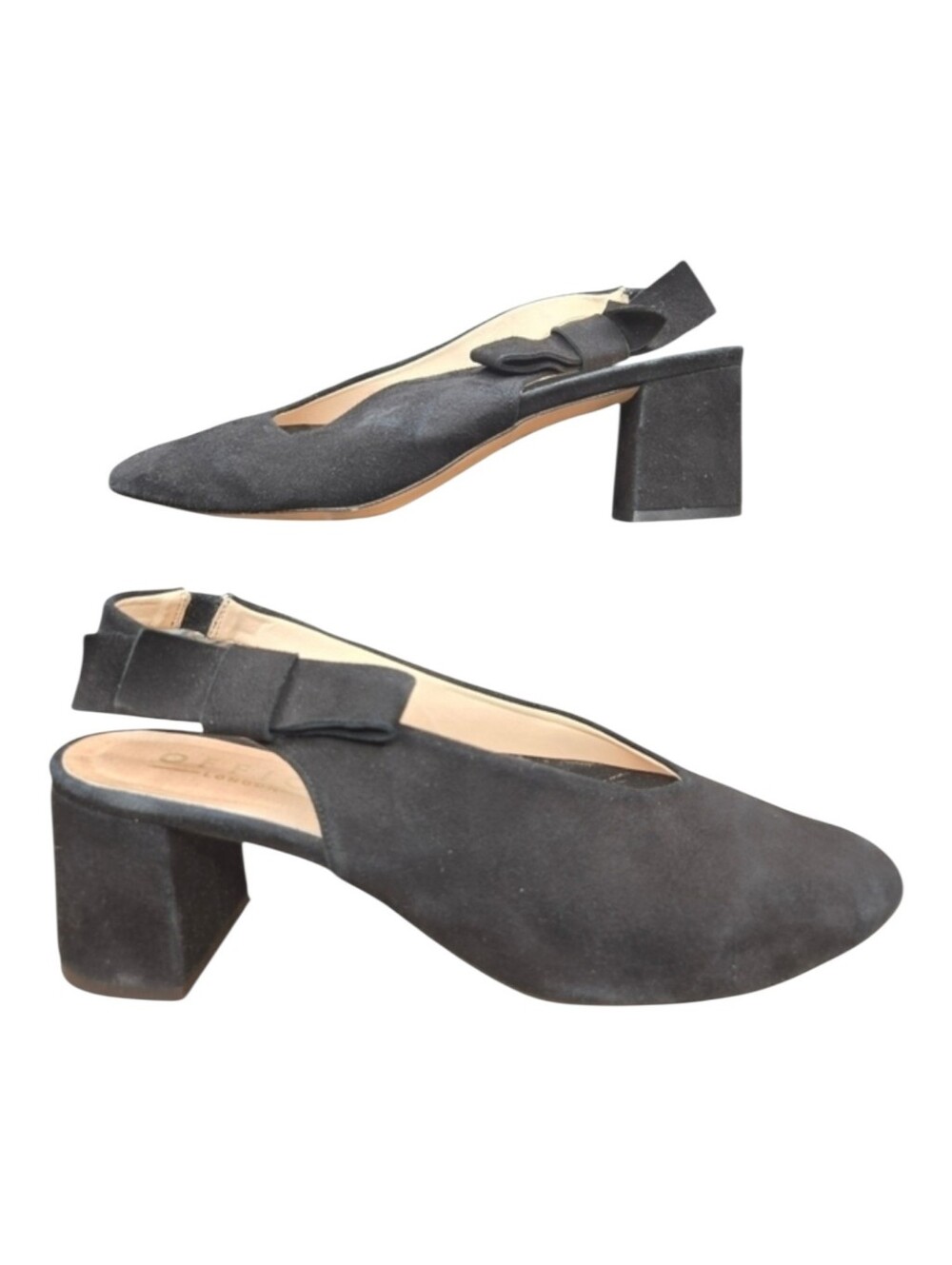 Office London Womens Black Slingback Bow Suede Block Heels Size 10